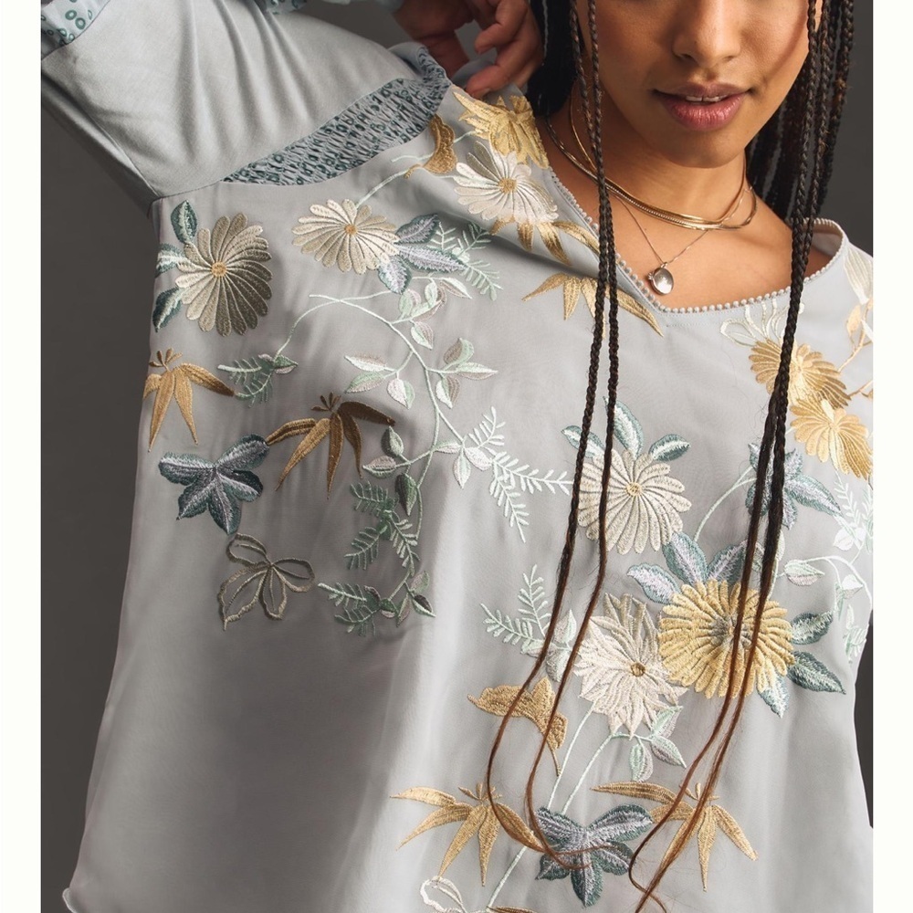Anthropologie Tiny Frances Long Sleeve Ruffled Top Blue Motif Sz M NEW